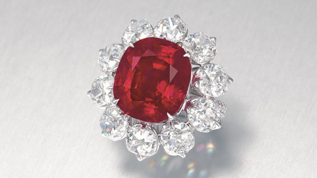 The 15.04 ct. Crimson Flame, an exceptionally rare Burmese pigeon’s blood ruby, is the highest price ever paid at auction for a ruby at $18 million. Photo courtesy of Christie’s