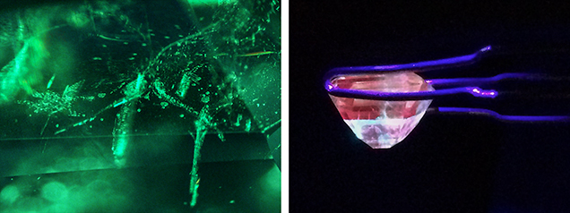 Gas bubbles and fluorescence in emerald doublet. Figure 2. Left: Flattened gas bubbles are visible along the separation plane of the doublet. Field of view approximately 3 mm. Right: Viewed under long-wave UV light, the doublet displayed strong red fluorescence in the top portion but not the bottom. A distinct boundary between the two parts is clearly visible. Photos by Ahmadjan Abduriyim.