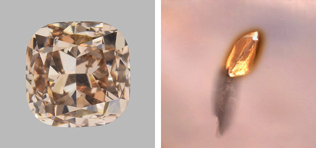 Fancy pink brown diamond. Figure 1. Left: This 0.49 ct Fancy pink brown diamond, measuring 4.11 mm wide, contains a monazite inclusion with a brown radiation halo. Right: A photomicrograph of the monazite inclusion shows the halo thickness of about 10–20 µm. The inclusion’s color is masked by the brown radiation stain, but it appears to be yellow or colorless. The dark feature extending from the bottom of the inclusion is a graphitized crack. Field of view 0.36 mm. Photos by Jian Xin (Jae) Liao (left) and Evan Smith (right).