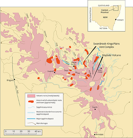 Map of the New England sapphire fields in New South Wales, Australia Map of the New England sapphire fields in New South Wales, Australia