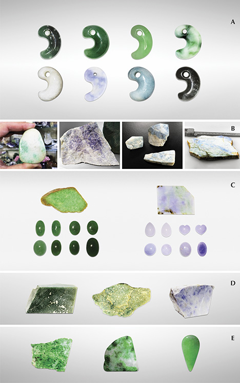 Jadeite samples from Japan, Myanmar, Guatemala, and Russia. Figure 5. Representative samples from four locations. A: Magatama carvings (25.51–63.88 ct) from Itoigawa-Omi. B: Variously colored rough jadeite boulder, cobble, and pebbles from Itoigawa-Omi (15.3–622.2 g) and a polished violetish blue jadeite from the Wakasa region (458.2 g). C: Green and lavender cabochons (4.75–15.45 ct) and polished slices from Kachin, Myanmar (17.84–136.4 g). D: Rough grayish green and lavender jadeite blocks from the Motagua region of Guate­mala (223–1250 g). E: A green jadeite block (304 g) and two polished translucent to opaque jadeites (139.08 and 5.93 ct) from the Polar Urals of Russia. The magatama from Itoigawa-Omi and the Russian and Guate­malan samples are courtesy of the Jade Ore Museum (Hisui Genseki­kan). The Burmese jadeites are courtesy of Miyuki Co., Ltd. Photos by Masumi Saito and Ahmad­jan Abduriyim.