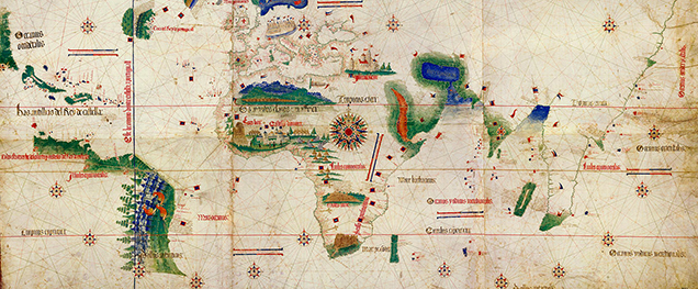 Map of the 1494 Treaty of Tordesilhas. Figure 3. The 1494 Treaty of Tordesilhas effectively divided the South America continent between Portugal and Spain. The Cantino planisphere map, produced around 1502, shows the north-south Tordesilhas meridian line passing through South America, whose geography was still largely unknown. Courtesy of Biblioteca Estense.