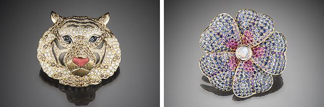 Flora and fauna brooches by Paula Crevoshay Flora and fauna brooches by Paula Crevoshay