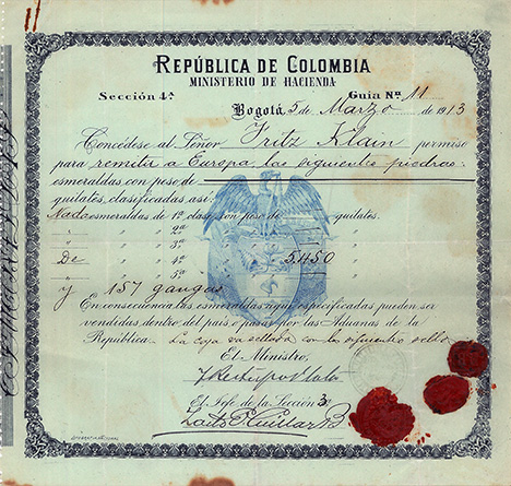 1913 export license issued to Fritz Klein 1913 export license issued to Fritz Klein