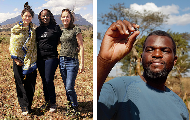 Figure 3. Left: Virtu Gem cofounders Jessica Hudson, Monica Gichuhi, and Susan Wheeler on a recent visit to Malawi. Right: Percy Maleta, the organization’s country exporter and ambassador in Malawi, examines a rough gemstone. Photos courtesy of Virtu Gem. Figure 3. Left: Virtu Gem cofounders Jessica Hudson, Monica Gichuhi, and Susan Wheeler on a recent visit to Malawi. Right: Percy Maleta, the organization’s country exporter and ambassador in Malawi, examines a rough gemstone. Photos courtesy of Virtu Gem.
