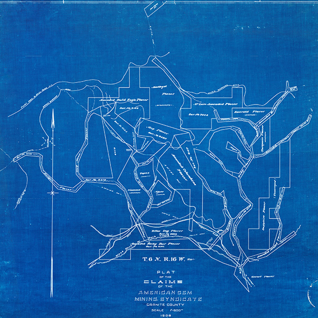 Figure 10. A 1908 map of the mining claims of the American Gem Syndicate at Rock Creek. The various placers are labeled along with water-carrying ditches and streams. Map A-457, Plat of the claims of the American Gem Mining Syndicate, Granite County, 1908, Montana Historical Society Photograph Archives. Figure 10. A 1908 map of the mining claims of the American Gem Syndicate at Rock Creek. The various placers are labeled along with water-carrying ditches and streams. Map A-457, Plat of the claims of the American Gem Mining Syndicate, Granite County, 1908, Montana Historical Society Photograph Archives.