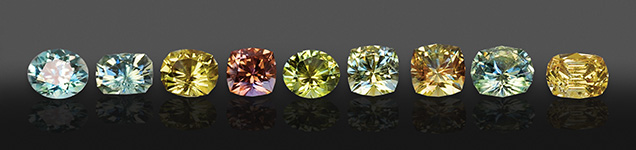 Figure 16. A suite of heated Montana sapphires, 0.76–1.04 ct, displaying a range of colors. Courtesy of Rachel Hill, Americut Gems. Figure 16. A suite of heated Montana sapphires, 0.76–1.04 ct, displaying a range of colors. Courtesy of Rachel Hill, Americut Gems.