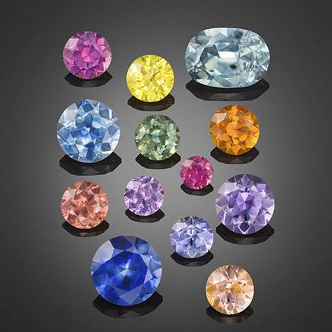 Figure 17. Various colors of heated Missouri River sapphire, ranging from 0.16 to 1.65 ct. Photo by Tino Hammid; courtesy of Fine Gems International and American Sapphire Company, © Robert E. Kane. Figure 17. Various colors of heated Missouri River sapphire, ranging from 0.16 to 1.65 ct. Photo by Tino Hammid; courtesy of Fine Gems International and American Sapphire Company, © Robert E. Kane.