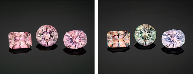 Figure 21. Some secondary Montana sapphires exhibit a color change between incandescent illumination (left) and daylight (right). These examples are unheated and range from 0.74 to 0.83 ct. Photos by Robert Weldon; courtesy of Jeffrey R. Hapeman, Earth’s Treasury, Inc. Figure 21. Some secondary Montana sapphires exhibit a color change between incandescent illumination (left) and daylight (right). These examples are unheated and range from 0.74 to 0.83 ct. Photos by Robert Weldon; courtesy of Jeffrey R. Hapeman, Earth’s Treasury, Inc.