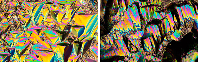Figure 26. Differential interference contrast imaging of the surface of a rough sapphire from Dry Cottonwood Creek showing etch features on the basal pinacoid surface (left, perpendicular to the c-axis) and on the prismatic crystal face (right, parallel to the c-axis). Photomicrographs by Aaron Palke; field of view 0.72 mm. Figure 26. Differential interference contrast imaging of the surface of a rough sapphire from Dry Cottonwood Creek showing etch features on the basal pinacoid surface (left, perpendicular to the c-axis) and on the prismatic crystal face (right, parallel to the c-axis). Photomicrographs by Aaron Palke; field of view 0.72 mm.