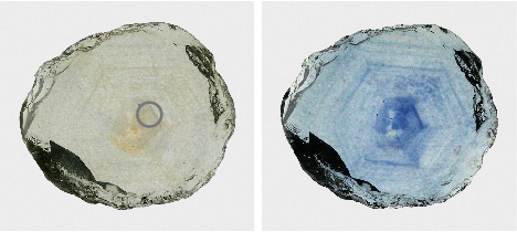 Figure 40. The Rock Creek sapphire in example 1, measuring 9.5 × 8.2 mm, before (left) and after (right) heat treatment shows the blue coloration introduced during treatment. The gray circle on the left shows the position of the UV-Vis spectroscopic measurement. Photos by Aaron Palke. Figure 40. The Rock Creek sapphire in example 1, measuring 9.5 × 8.2 mm, before (left) and after (right) heat treatment shows the blue coloration introduced during treatment. The gray circle on the left shows the position of the UV-Vis spectroscopic measurement. Photos by Aaron Palke.