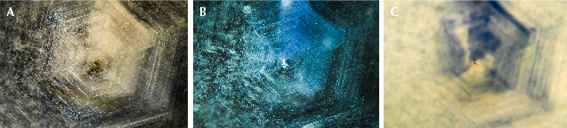 Figure 42. Example 1 before heat treatment under fiber-optic illumination (A), after heat treatment under fiber-optic illumination (B), and after heat treatment under diffuse transmitted illumination (C). Photomicrographs by Aaron Palke; field of view 4.08 mm. Figure 42. Example 1 before heat treatment under fiber-optic illumination (A), after heat treatment under fiber-optic illumination (B), and after heat treatment under diffuse transmitted illumination (C). Photomicrographs by Aaron Palke; field of view 4.08 mm.