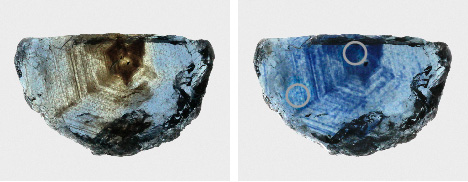 Figure 43. The Rock Creek sapphire in example 2, measuring 11.7 × 7.2 mm, before (left) and after (right) heat treatment shows the blue color introduced by heat treatment. The gray circles on the right show the positions of the UV-Vis spectroscopic measurements. Photos by Aaron Palke. Figure 43. The Rock Creek sapphire in example 2, measuring 11.7 × 7.2 mm, before (left) and after (right) heat treatment shows the blue color introduced by heat treatment. The gray circles on the right show the positions of the UV-Vis spectroscopic measurements. Photos by Aaron Palke.
