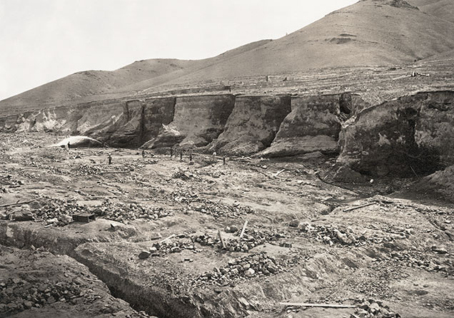 Figure 9. Hydraulic mining at French Bar along the Missouri River between 1870 and 1879. PAc 97-32.9, Montana, Montana Historical Society Photograph Archives. Figure 9. Hydraulic mining at French Bar along the Missouri River between 1870 and 1879. PAc 97-32.9, Montana, Montana Historical Society Photograph Archives.