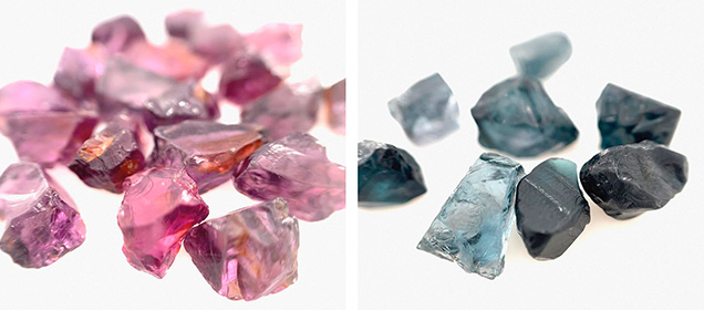 Parcels of rough pink spinel (left) and gray-blue spinel (right) from Malawi, ranging from approximately 4 to 7 ct. Courtesy of Phoenix Gems. Parcels of rough pink spinel (left) and gray-blue spinel (right) from Malawi, ranging from approximately 4 to 7 ct. Courtesy of Phoenix Gems.