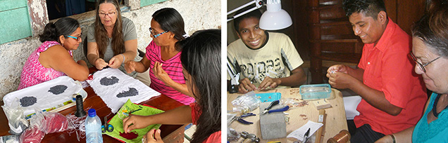 Figure 2. Jeanne Sheridan training local Guatemalan women and men to become bead stringers and metalsmiths. Photos by Pat Pannell. Figure 2. Jeanne Sheridan training local Guatemalan women and men to become bead stringers and metalsmiths. Photos by Pat Pannell.