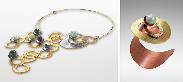 Figure 4. The “River” necklace (left) and “Flower” cuff (right) from the Sculptural Collection featuring Guatemalan jadeite jade stones. Photos by Marty Kelly; courtesy of Chick Boss. Figure 4. The “River” necklace (left) and “Flower” cuff (right) from the Sculptural Collection featuring Guatemalan jadeite jade stones. Photos by Marty Kelly; courtesy of Chick Boss.