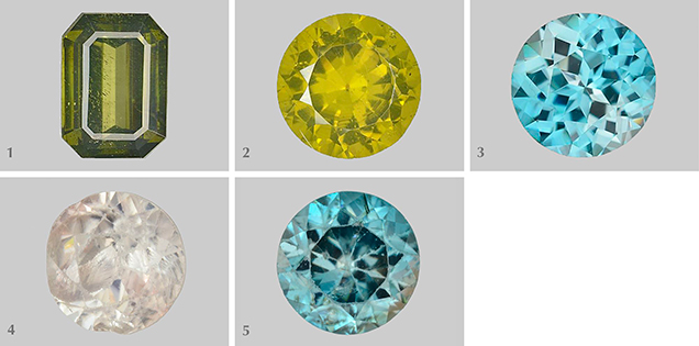 Five zircon samples studied for radioactive degradation of crystal structure. Five zircon samples studied for radioactive degradation of crystal structure.