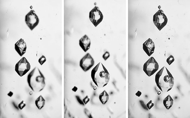 Extended depth-of-field imaging of fluid-filled negative crystals in rock crystal quartz, using 30 stacked images. Extended depth-of-field imaging of fluid-filled negative crystals in rock crystal quartz, using 30 stacked images.