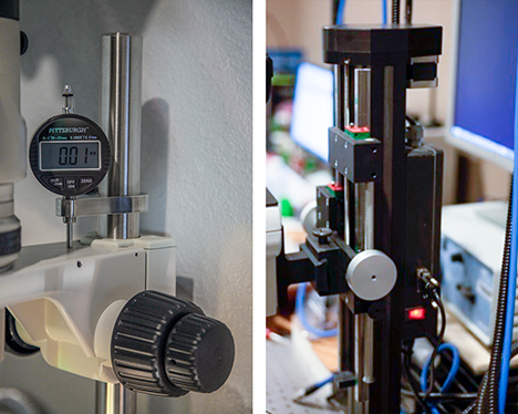 Equipment used to measure step intervals for extended depth-of-field imaging and to perform automated image stacking. Equipment used to measure step intervals for extended depth-of-field imaging and to perform automated image stacking.