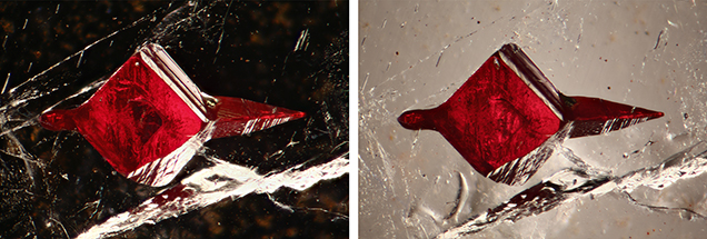 Photomicrographs of a cinnabar inclusion in barite, shown using darkfield and brightfield illumination Photomicrographs of a cinnabar inclusion in barite, shown using darkfield and brightfield illumination