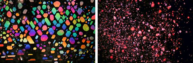 Reflective fluid inclusions in fiber-optic illumination, as seen in aquamarine and pink fire quartz. Reflective fluid inclusions in fiber-optic illumination, as seen in aquamarine and pink fire quartz.