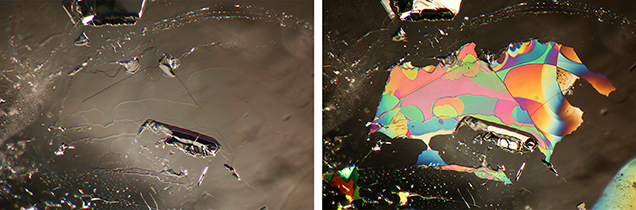 Oblique fiber-optic illumination revealing unexpected interference colors in this partially healed cleavage crack. Oblique fiber-optic illumination revealing unexpected interference colors in this partially healed cleavage crack.