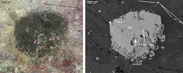 A photomicrograph and a backscattered electron image showing distinctive crystal inclusions in pink sapphire from Snezhnoe, Tajikistan. A photomicrograph and a backscattered electron image showing distinctive crystal inclusions in pink sapphire from Snezhnoe, Tajikistan.