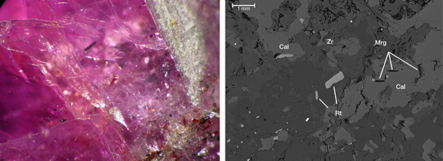 A photomicrograph of inclusions in ruby and a backscattered electron image of inclusions in pink sapphire, both from Snezhnoe, Tajikistan A photomicrograph of inclusions in ruby and a backscattered electron image of inclusions in pink sapphire, both from Snezhnoe, Tajikistan