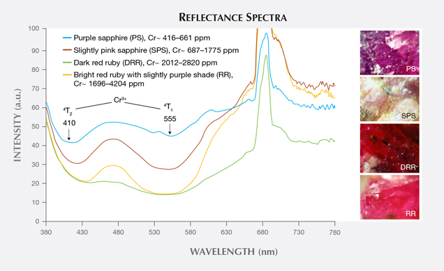 Typical reflectance spectra for different colors of corundum from Snezhnoe, Tajikistan Typical reflectance spectra for different colors of corundum from Snezhnoe, Tajikistan