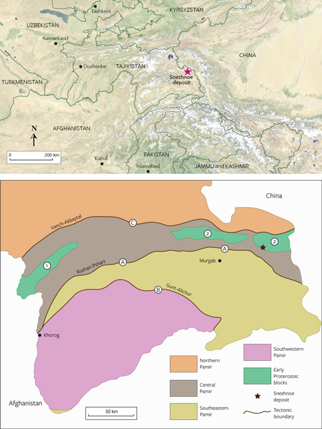 Map of the Snezhnoe marble-hosted ruby deposit in Central Asia. Bottom: A regional geological map of the Pamir Mountains of Tajikistan Map of the Snezhnoe marble-hosted ruby deposit in Central Asia. Bottom: A regional geological map of the Pamir Mountains of Tajikistan