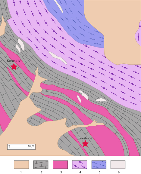 Map illustrating the regional geology of the corundum deposit in Snezhnoe, Tajikistan Map illustrating the regional geology of the corundum deposit in Snezhnoe, Tajikistan