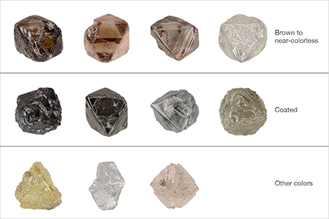 Representative colors of Diavik rough diamonds. Figure 24. Representative colors of Diavik rough diamonds, ranging from colorless to brown to yellow with one pink crystal. Also shown are several coated crystals. Photos by Jian Xin (Jae) Liao.