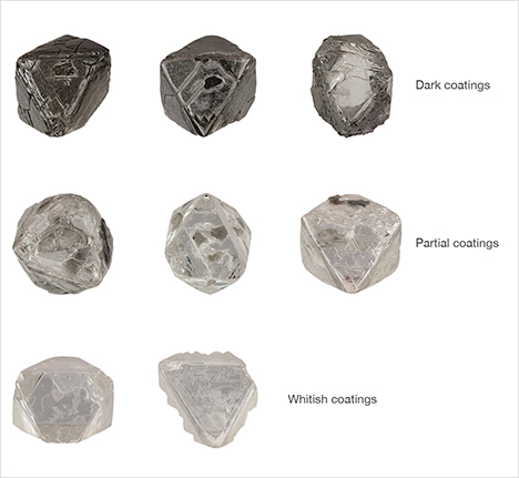 Fibrous coatings on Diavik diamonds. Figure 27. Dark- and light-colored fibrous diamond coatings were observed on a few of the crystals. Photos by Jian Xin (Jae) Liao.