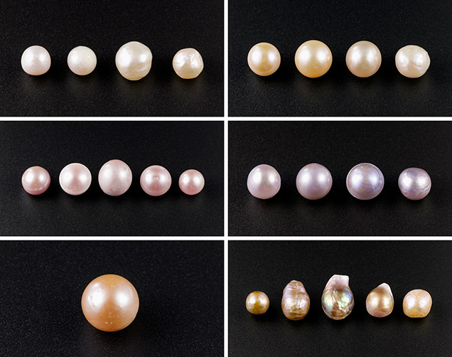 Kasumiga pearls showing a color range of cream, light yellow, pink, purple, orange, and golden with orient. Kasumiga pearls showing a color range of cream, light yellow, pink, purple, orange, and golden with orient.