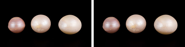 Pink Kasumiga pearls before and after fading test Pink Kasumiga pearls before and after fading test
