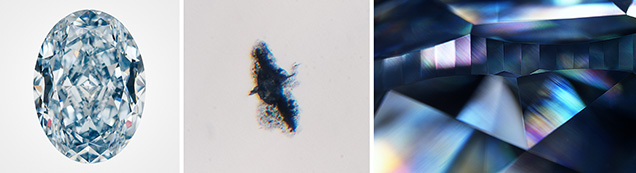 HPHT-treated blue diamond (left) with ragged-looking graphitization around an inclusion (center) and high-order interference colors with crossed-polarizing filters (right). HPHT-treated blue diamond (left) with ragged-looking graphitization around an inclusion (center) and high-order interference colors with crossed-polarizing filters (right).