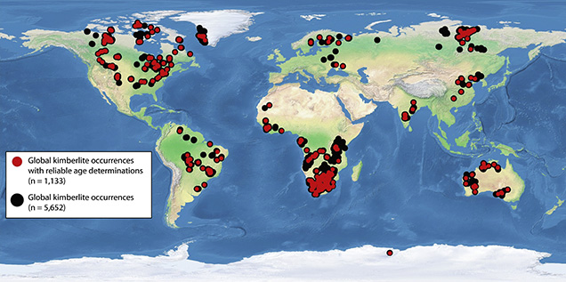 Figure 2. Map showing the known occurrences of kimberlites worldwide and their restriction to the oldest parts of the world’s continents. From Tappe et al. (2018), used with permission. Figure 2. Map showing the known occurrences of kimberlites worldwide and their restriction to the oldest parts of the world’s continents. From Tappe et al. (2018), used with permission.