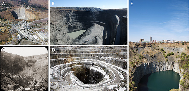 Figure 1. Open-pit diamond mines in kimberlite rock. Mining operations remove as much kimberlite as possible and leave deep pits that outline the shape of a “kimberlite pipe.” A: The Cullinan mine started as an open-pit operation and transitioned to underground mining in 1946. Photo by DeAgostini/Getty Images. B: Active mining in one of the kimberlite pipes at the Letšeng mine. Photo by Karen Smit/GIA. C: The Kimberley mine “Big Hole,” where mining was completed in 1914. Photo by The Print Collector/Getty Images. D: The bottom of the open pit in the Diavik mine. Photo by Ben Nelms/Bloomberg via Getty Images. E: The “Big Hole” of the Kimberley mine today. Photo by Karen Smit/GIA. Figure 1. Open-pit diamond mines in kimberlite rock. Mining operations remove as much kimberlite as possible and leave deep pits that outline the shape of a “kimberlite pipe.” A: The Cullinan mine started as an open-pit operation and transitioned to underground mining in 1946. Photo by DeAgostini/Getty Images. B: Active mining in one of the kimberlite pipes at the Letšeng mine. Photo by Karen Smit/GIA. C: The Kimberley mine “Big Hole,” where mining was completed in 1914. Photo by The Print Collector/Getty Images. D: The bottom of the open pit in the Diavik mine. Photo by Ben Nelms/Bloomberg via Getty Images. E: The “Big Hole” of the Kimberley mine today. Photo by Karen Smit/GIA.
