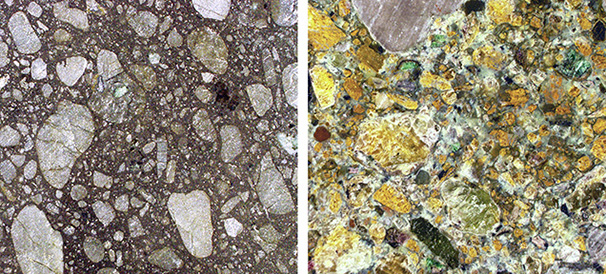 Figure A-1. Images of kimberlite textures. Left: Hypabyssal kimberlite from the Grizzly 3 kimberlite, Canada (field of view 7.62 cm). Right: Volcaniclastic kimberlite from the Victor North kimberlite, Canada (field of view 7.62 cm). Photos by Steve Shirey. Figure A-1. Images of kimberlite textures. Left: Hypabyssal kimberlite from the Grizzly 3 kimberlite, Canada (field of view 7.62 cm). Right: Volcaniclastic kimberlite from the Victor North kimberlite, Canada (field of view 7.62 cm). Photos by Steve Shirey.