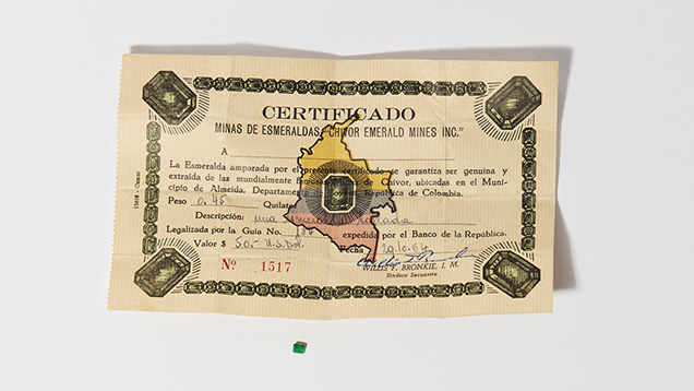 1964 Certificate for a faceted emerald from Chivor 1964 Certificate for a faceted emerald from Chivor
