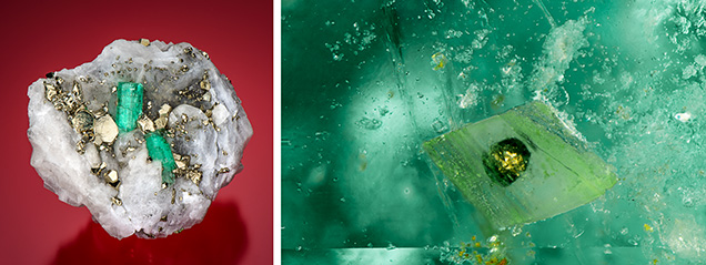 Colombian emerald on matrix (left); carbonate inclusion in Colombian emerald (right).