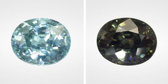 Long-wave UV exposure changes zircon’s color from medium light greenish blue (left) to very dark yellowish green (right). Long-wave UV exposure changes zircon’s color from medium light greenish blue (left) to very dark yellowish green (right).