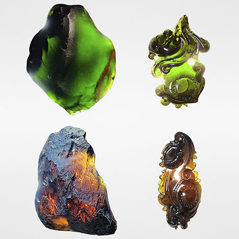 Figure 1. The deep colors of green and brown augite from Dong Nai, observed in transmitted light. Top: The 9.78 g rough on the left yielded a 24.20 ct carving (24.99 mm in height). Bottom: The 11.22 g rough on the left yielded a 56.10 ct carving (36.50 mm in height). Photos by Le Ngoc Nang. Figure 1. The deep colors of green and brown augite from Dong Nai, observed in transmitted light. Top: The 9.78 g rough on the left yielded a 24.20 ct carving (24.99 mm in height). Bottom: The 11.22 g rough on the left yielded a 56.10 ct carving (36.50 mm in height). Photos by Le Ngoc Nang.