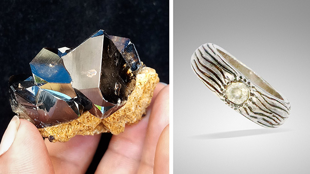 Figure 1. Left: A gem-quality cassiterite crystal, measuring 3.9 cm in length, in greisen matrix from the Yunling deposit. Photo by Yongming Shi. Right: This sterling silver ring features a Yunling cassiterite measuring 6 mm in diameter. Photo by Wenqing Huang.
