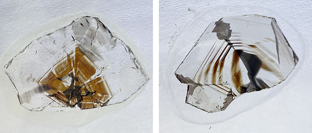 Figure 8. Alternating brown color bands and gray-black domains are relatively common in Yunling cassiterite, as shown in these two thin sections, measuring 1.81 × 1.21 cm (left) and 1.62 × 1.16 cm (right). Photos by Wenqing Huang.