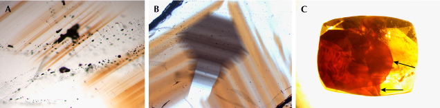 Figure 9. Color heterogeneity of cassiterite from Yunling. A: Fine brownish yellow color bands. B: Gray color domain. C: The red color observed in the red sample, viewed in immersion, appears to be confined to two fractures and distributed within planes (indicated by arrows). This distribution suggests that the red color is caused by iron oxide staining within the fractures. Photomicrographs by Wenqing Huang; fields of view 1.2 mm (A), 3.9 mm (B), and 10 mm (C).