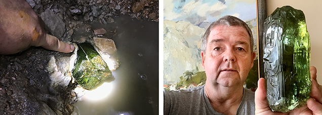 Figure 13. A 1.437 kg (7,185 ct) gem beryl crystal in situ in albite inside a giant heliodor pocket of Pegmatite 521. The crystal was found at a depth of 96 m in one of the Volyn chamber pegmatites in the Korosten Pluton near Volodarsk (now Khoroshiv), Zhytomyr Oblast, Ukraine. Photos by Peter Lyckberg. Figure 13. A 1.437 kg (7,185 ct) gem beryl crystal in situ in albite inside a giant heliodor pocket of Pegmatite 521. The crystal was found at a depth of 96 m in one of the Volyn chamber pegmatites in the Korosten Pluton near Volodarsk (now Khoroshiv), Zhytomyr Oblast, Ukraine. Photos by Peter Lyckberg.