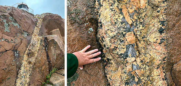 Figure 3. A granitic pegmatite vein measuring 70 cm wide in the cogenetic Bohus granite at Lysekil in Bohuslän County, Sweden. The vein consists of quartz, feldspars, muscovite, and accessory garnet. Photos by Peter Lyckberg. Figure 3. A granitic pegmatite vein measuring 70 cm wide in the cogenetic Bohus granite at Lysekil in Bohuslän County, Sweden. The vein consists of quartz, feldspars, muscovite, and accessory garnet. Photos by Peter Lyckberg.