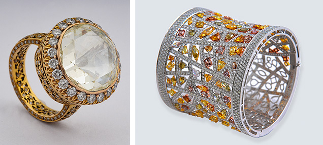 Surana jewelry with modern-cut and fancy-color diamonds